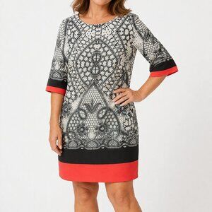 Eliza J Shift Dress Black Ivory Print Coral Trim Short Sleeve Size 6
